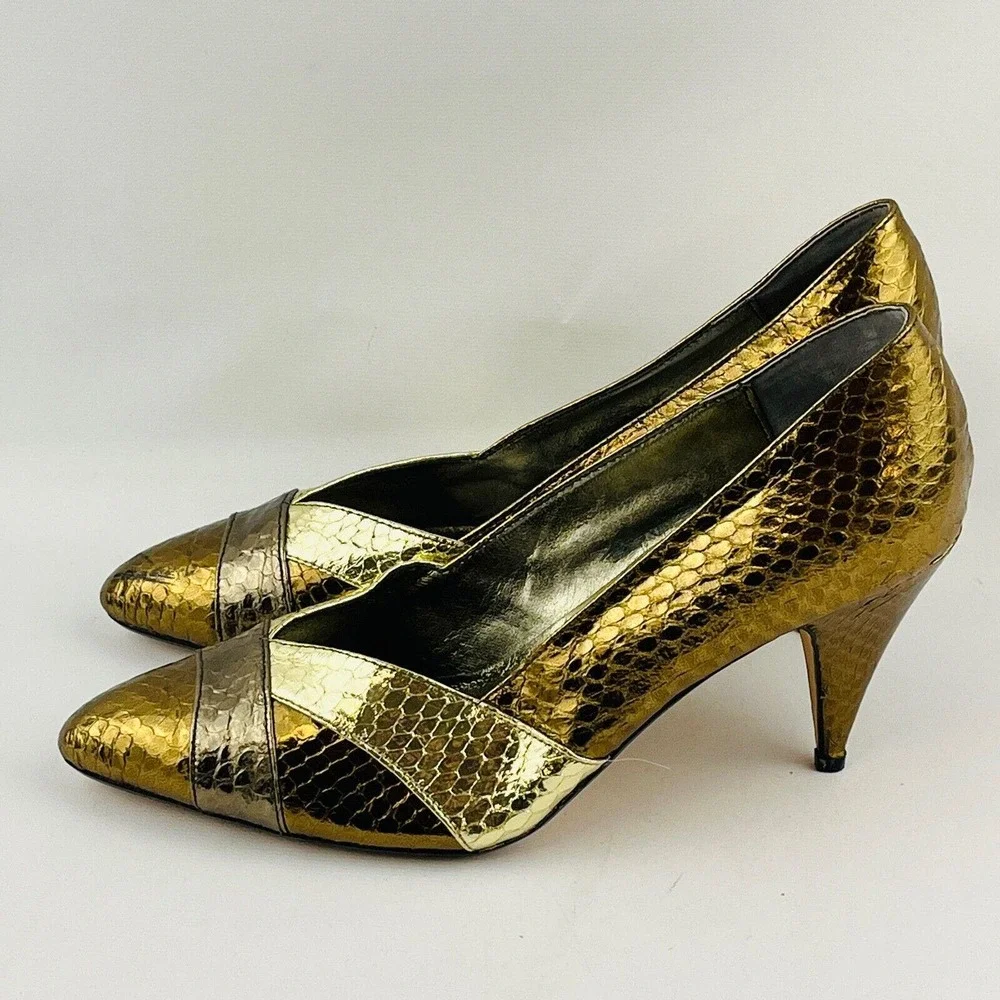 Womens‎ 6.5M Sutton Plaza Pumps Metallic Bronze Gold Copper Faux Snakeskin Heels